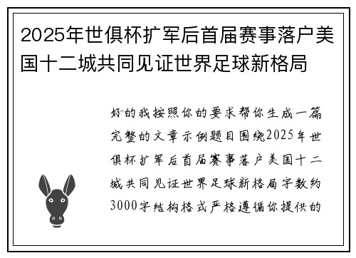 2025年世俱杯扩军后首届赛事落户美国十二城共同见证世界足球新格局 2025年世俱杯扩军后首届赛事落户美国十二城共同见证世界足球新格局